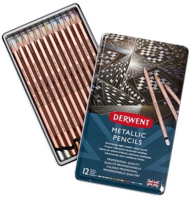 Creioane colorate Derwent Professional Metallic, cutie metalica, 12 culori/set, metalizate